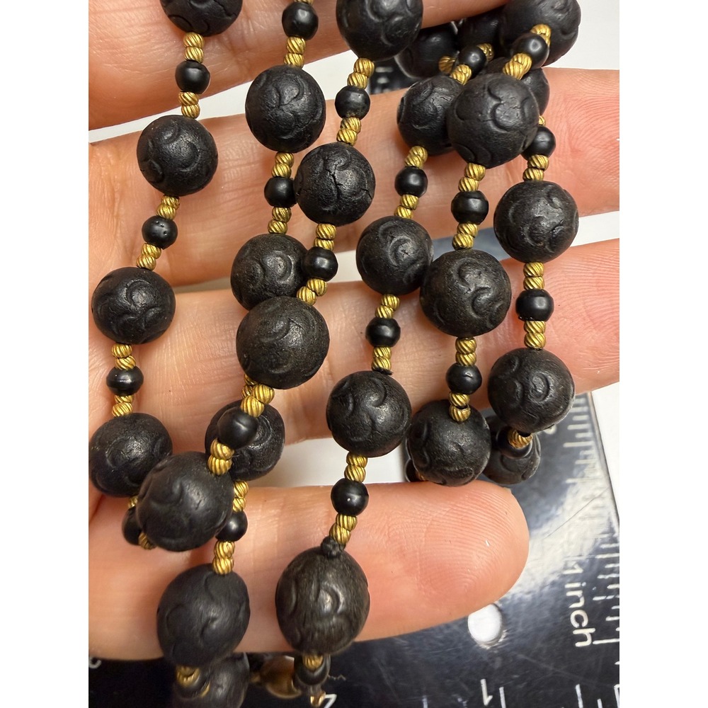 Black Carved Cinnabar Style Bead Necklace Gold Tone Spacers Barrel Clasp 24 Inch